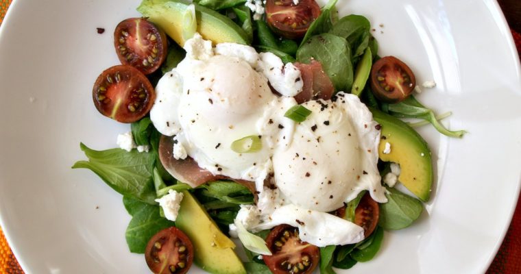 Breakfast Salad with Poached Egg and Prosciutto