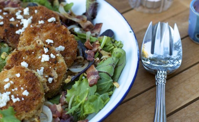 Fried Green Tomato Salad with Grilled Onions and Corn