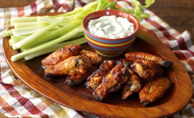 Baked Hot Wings with Yogurt Blue Cheese Dipping Sauce