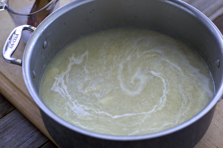 Adding Cream to White Asparagus Soup